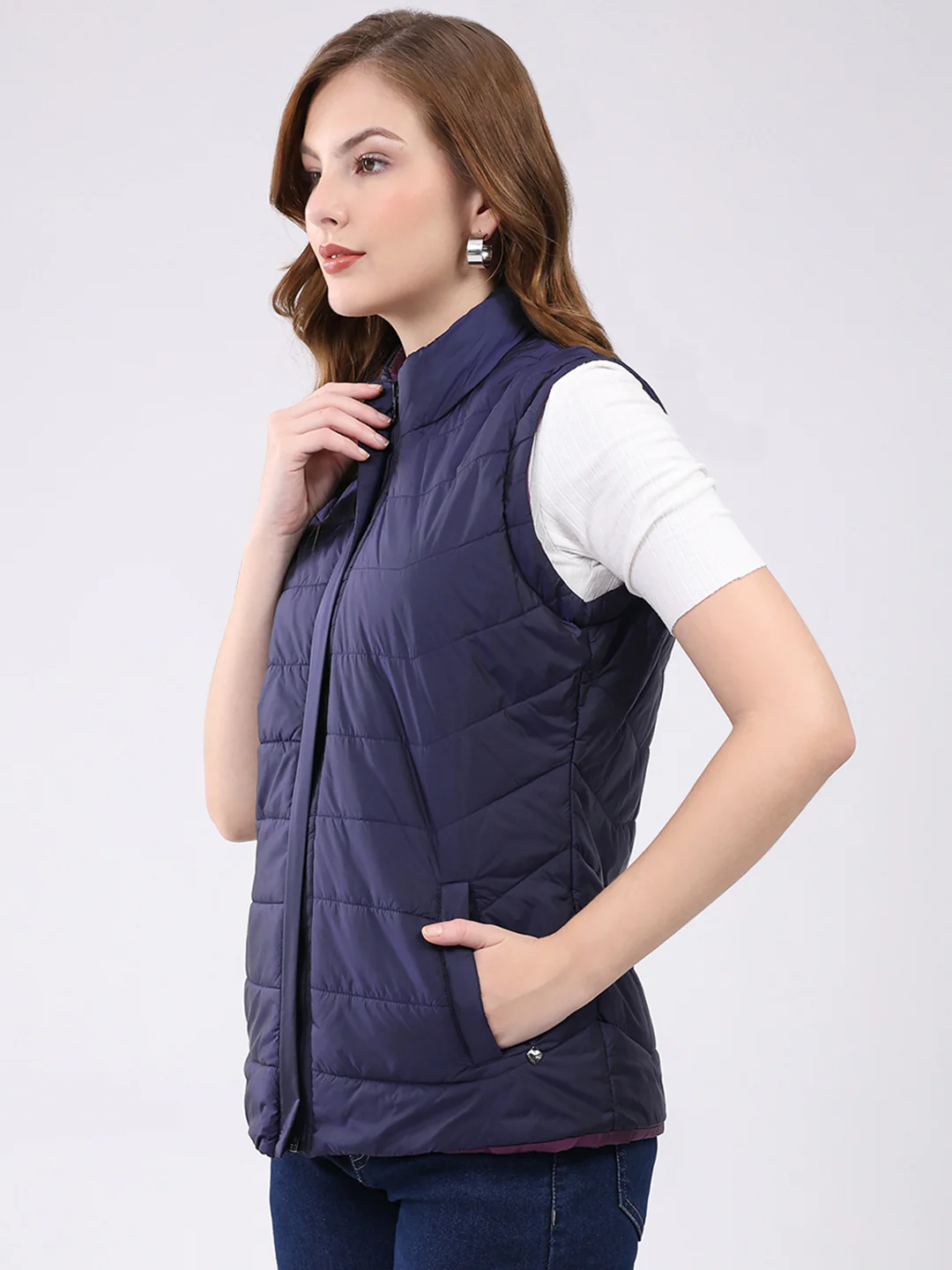 Women Navy Blue Self Design Hooded Jacket Set (1 Full & 1 Half Sleeve Reversible) - Image 10