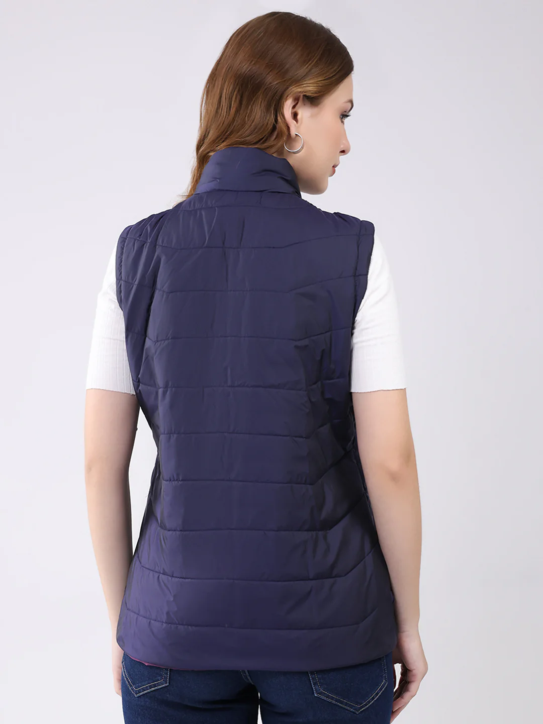 Women Navy Blue Self Design Hooded Jacket Set (1 Full & 1 Half Sleeve Reversible) - Image 11