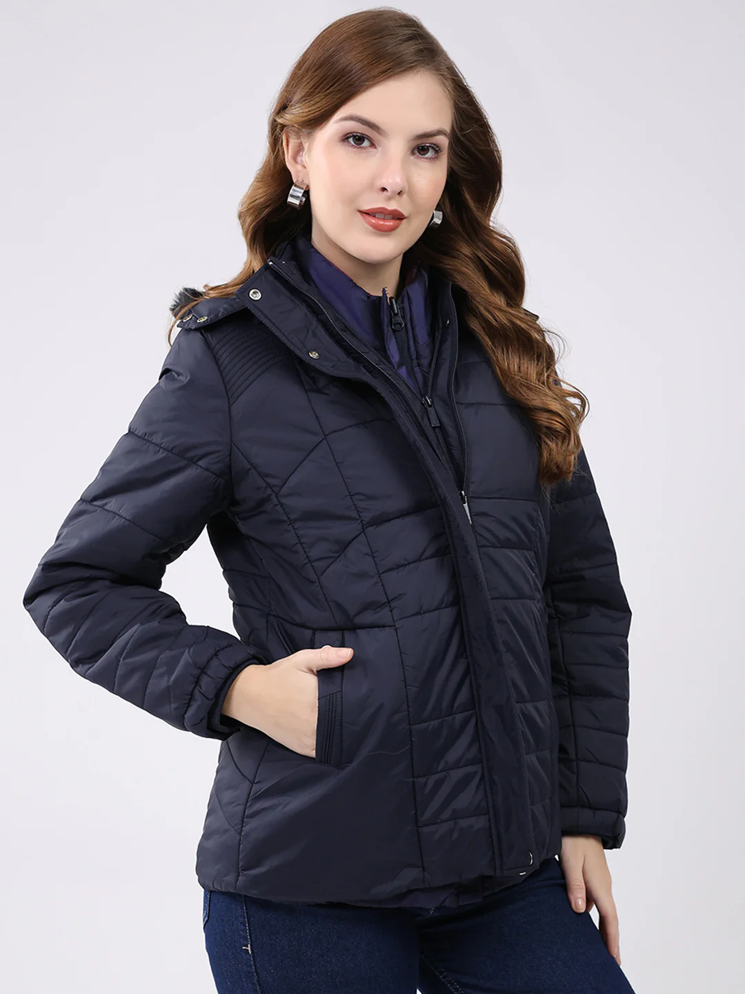 Women Navy Blue Self Design Hooded Jacket Set (1 Full & 1 Half Sleeve Reversible) - Image 4