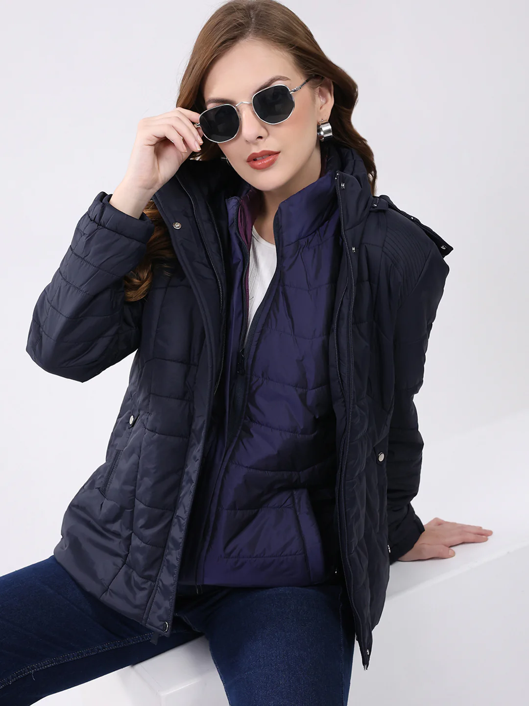 Women Navy Blue Self Design Hooded Jacket Set (1 Full & 1 Half Sleeve Reversible) - Image 6