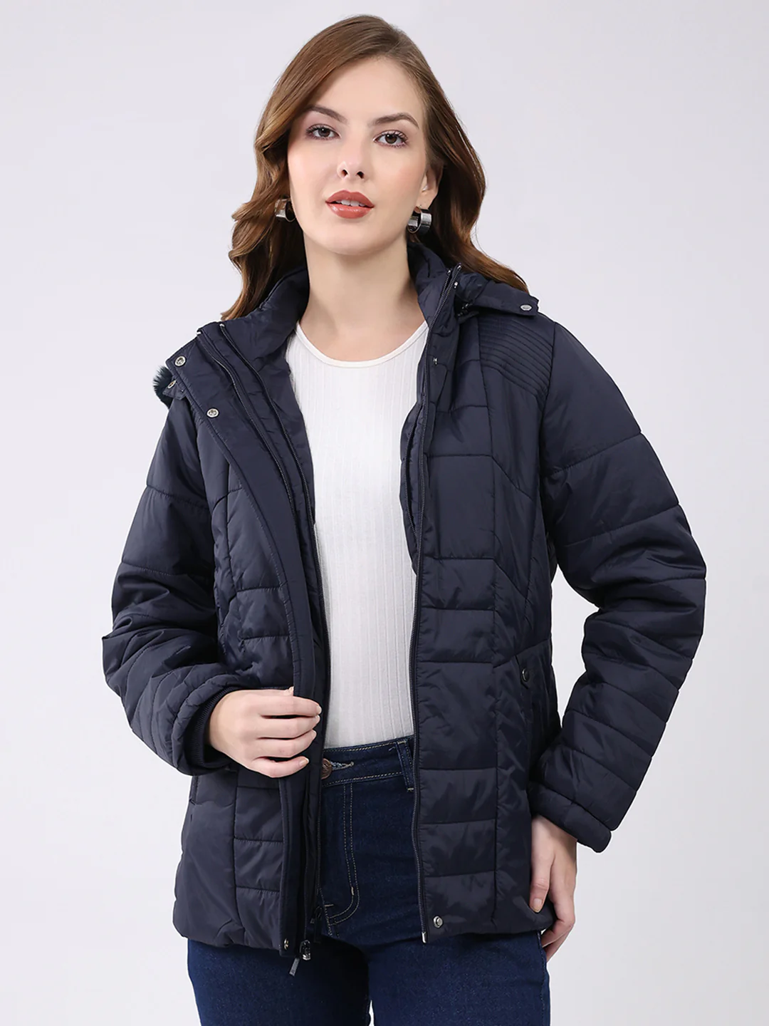 Women Navy Blue Self Design Hooded Jacket Set (1 Full & 1 Half Sleeve Reversible) - Image 7