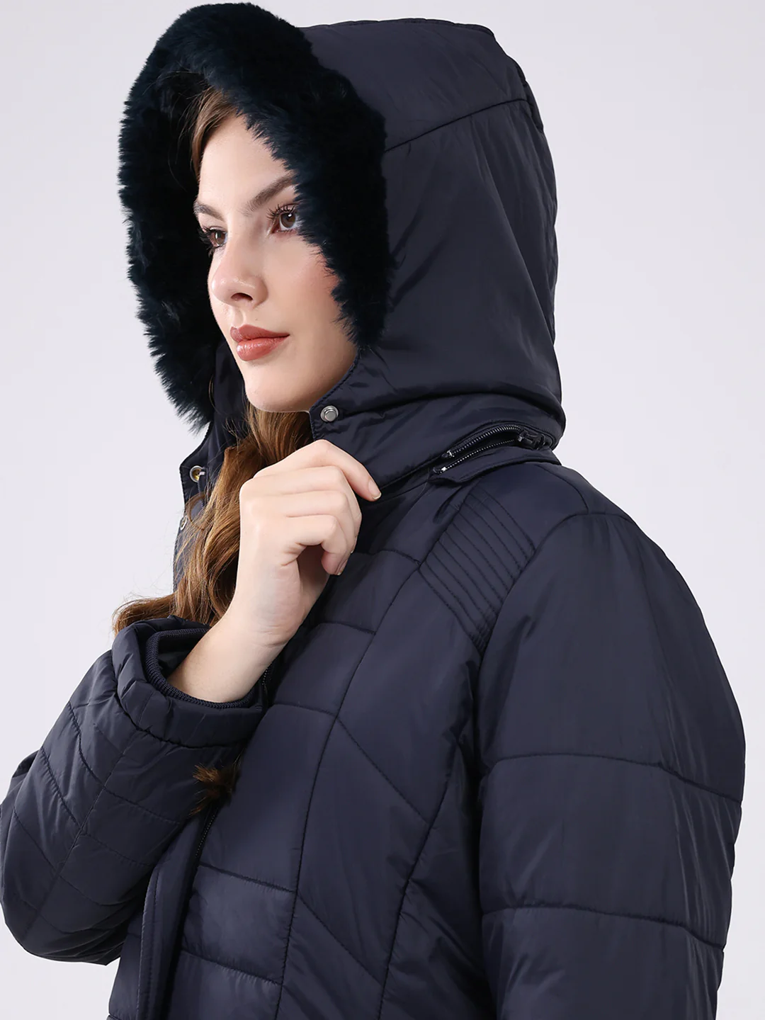Women Navy Blue Self Design Hooded Jacket Set (1 Full & 1 Half Sleeve Reversible) - Image 8
