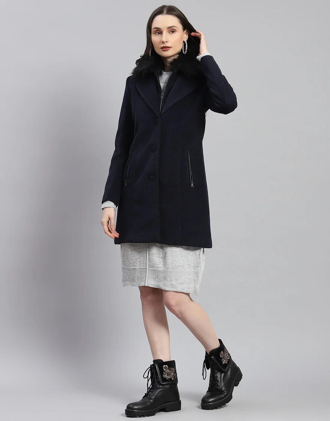 Women Navy Blue Self Design Lapel Collar Full Sleeve Coat - Image 3