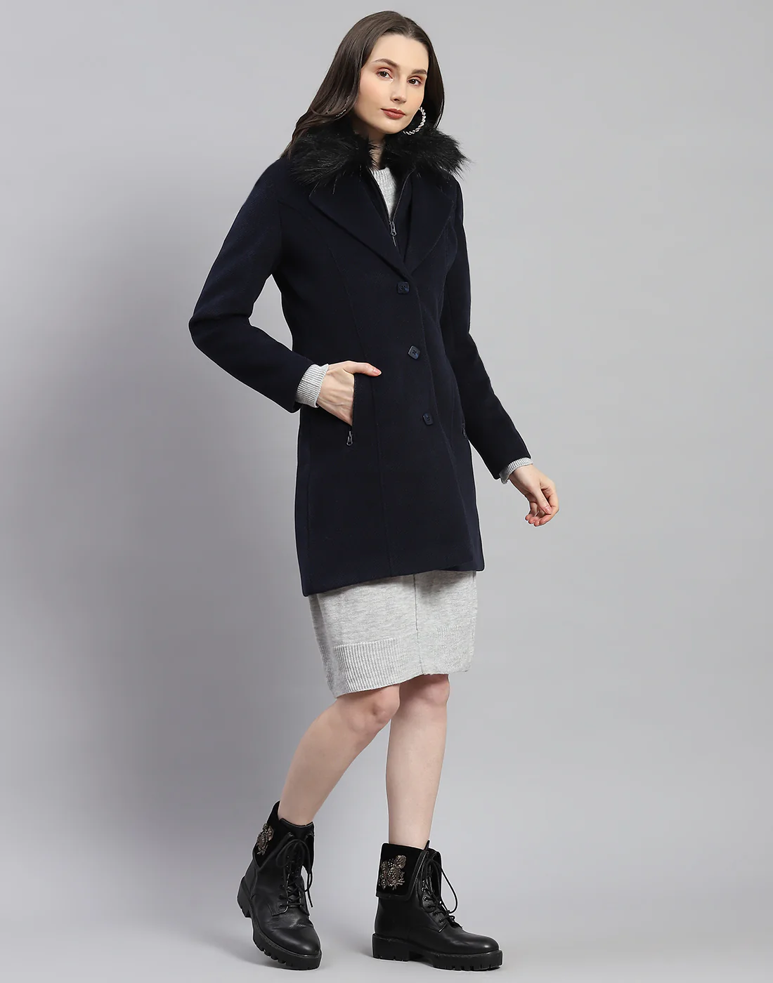 Women Navy Blue Self Design Lapel Collar Full Sleeve Coat - Image 4
