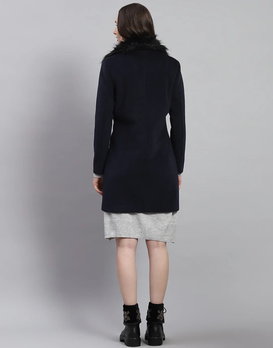 Women Navy Blue Self Design Lapel Collar Full Sleeve Coat - Image 5