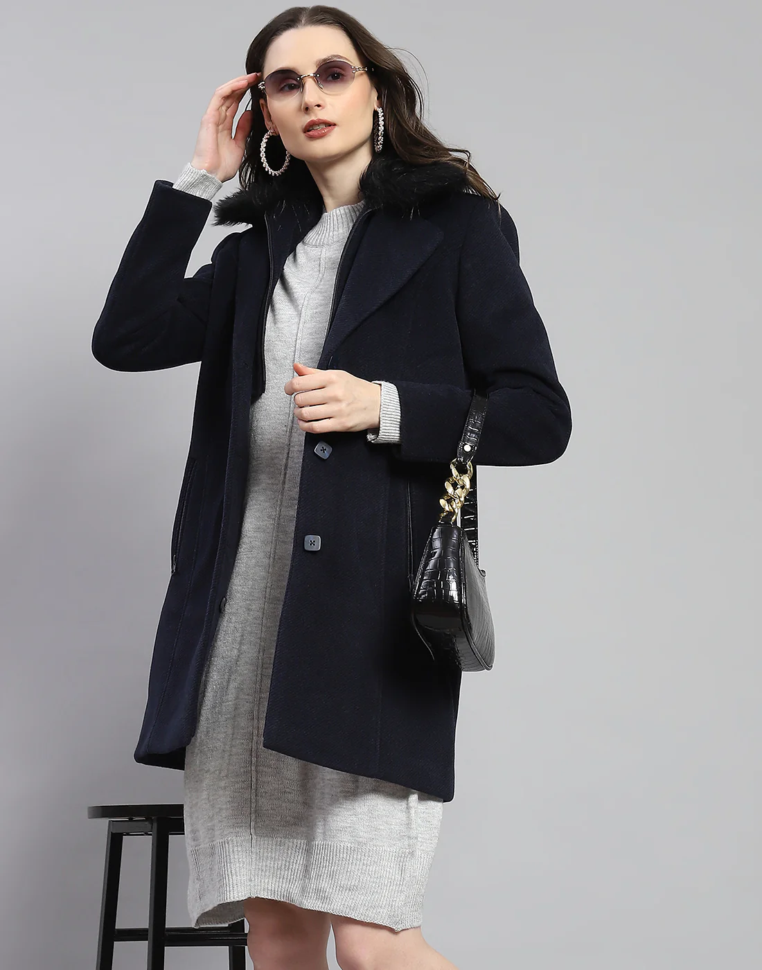 Women Navy Blue Self Design Lapel Collar Full Sleeve Coat - Image 6