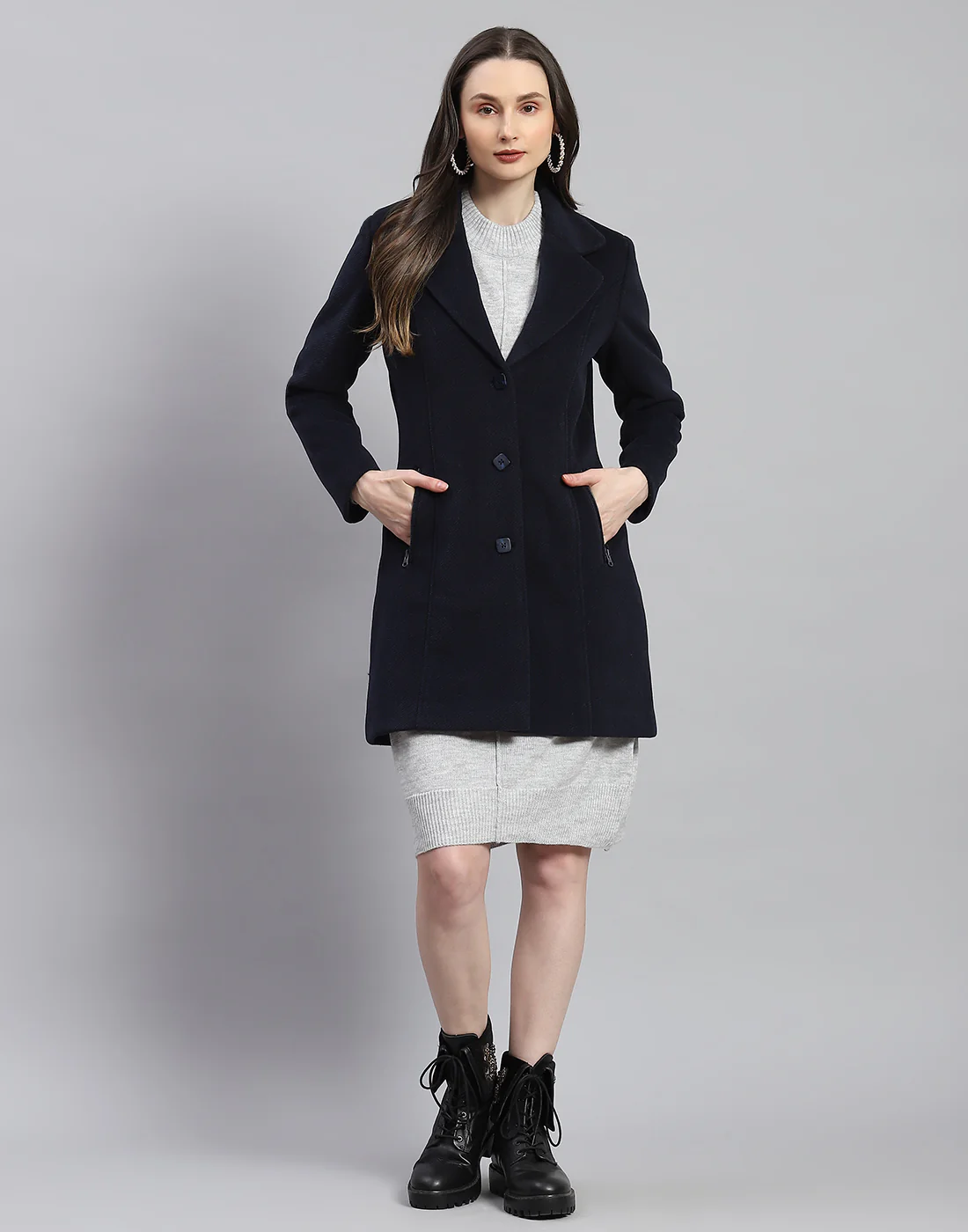 Women Navy Blue Self Design Lapel Collar Full Sleeve Coat - Image 7