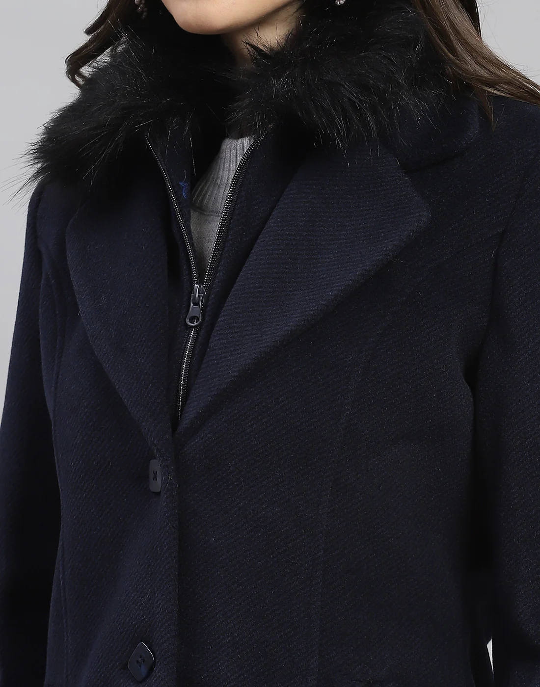 Women Navy Blue Self Design Lapel Collar Full Sleeve Coat - Image 8