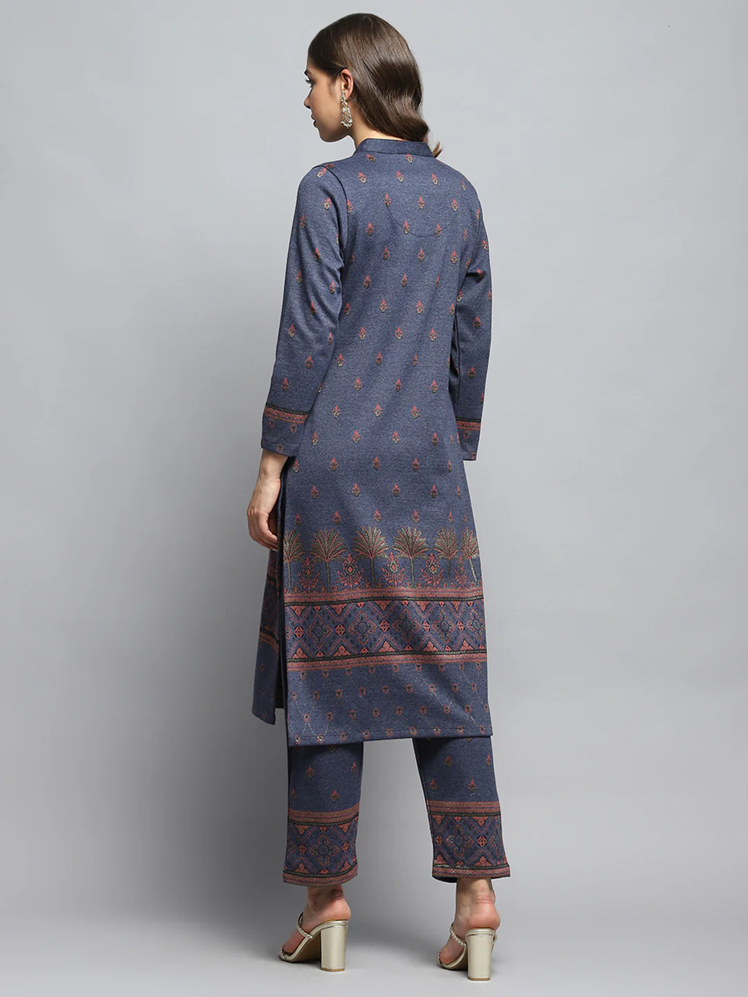 Women Navy Blue Self Design Mandarin Collar Full Sleeve Kurti Set - Image 2