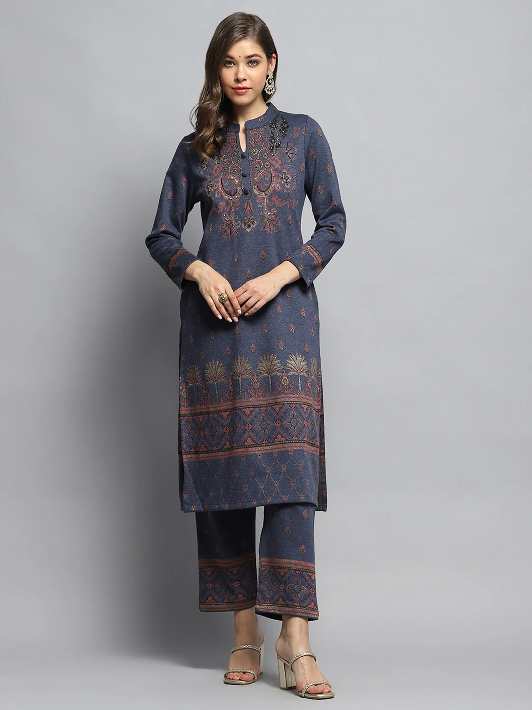 Women Navy Blue Self Design Mandarin Collar Full Sleeve Kurti Set - Image 3