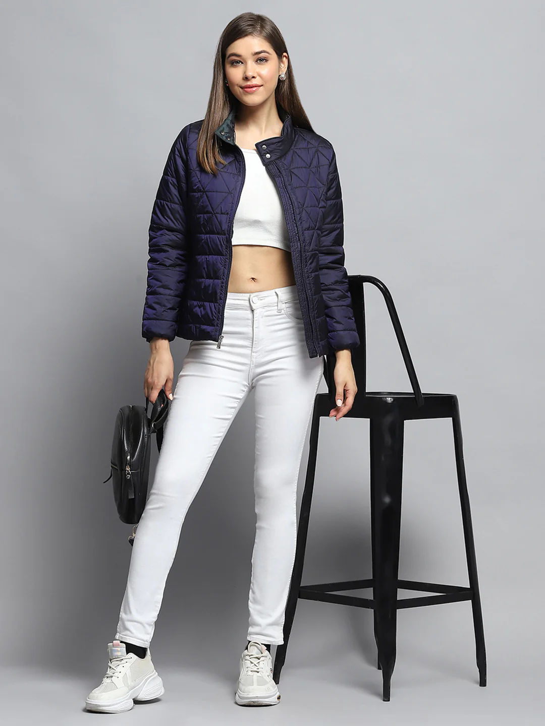 Women Navy Blue Self Design Mock Neck Full Sleeve Jacket - Image 2