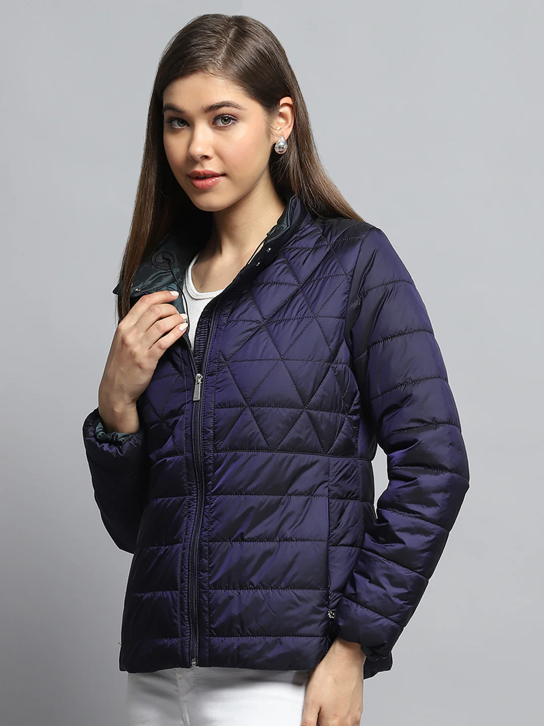 Women Navy Blue Self Design Mock Neck Full Sleeve Jacket - Image 3