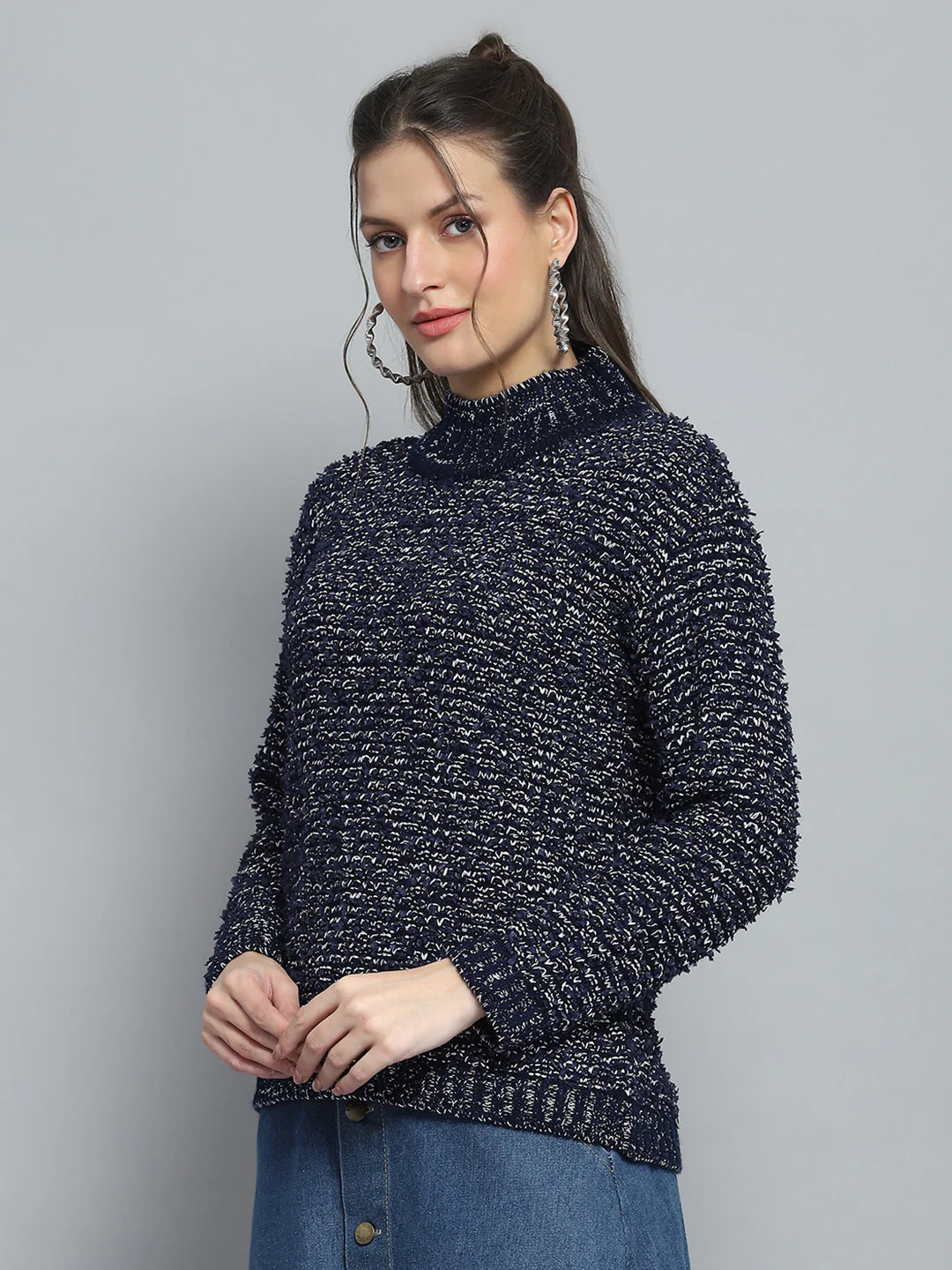 Women Navy Blue Self Design Mock Neck Full Sleeve Winte Top - Image 5