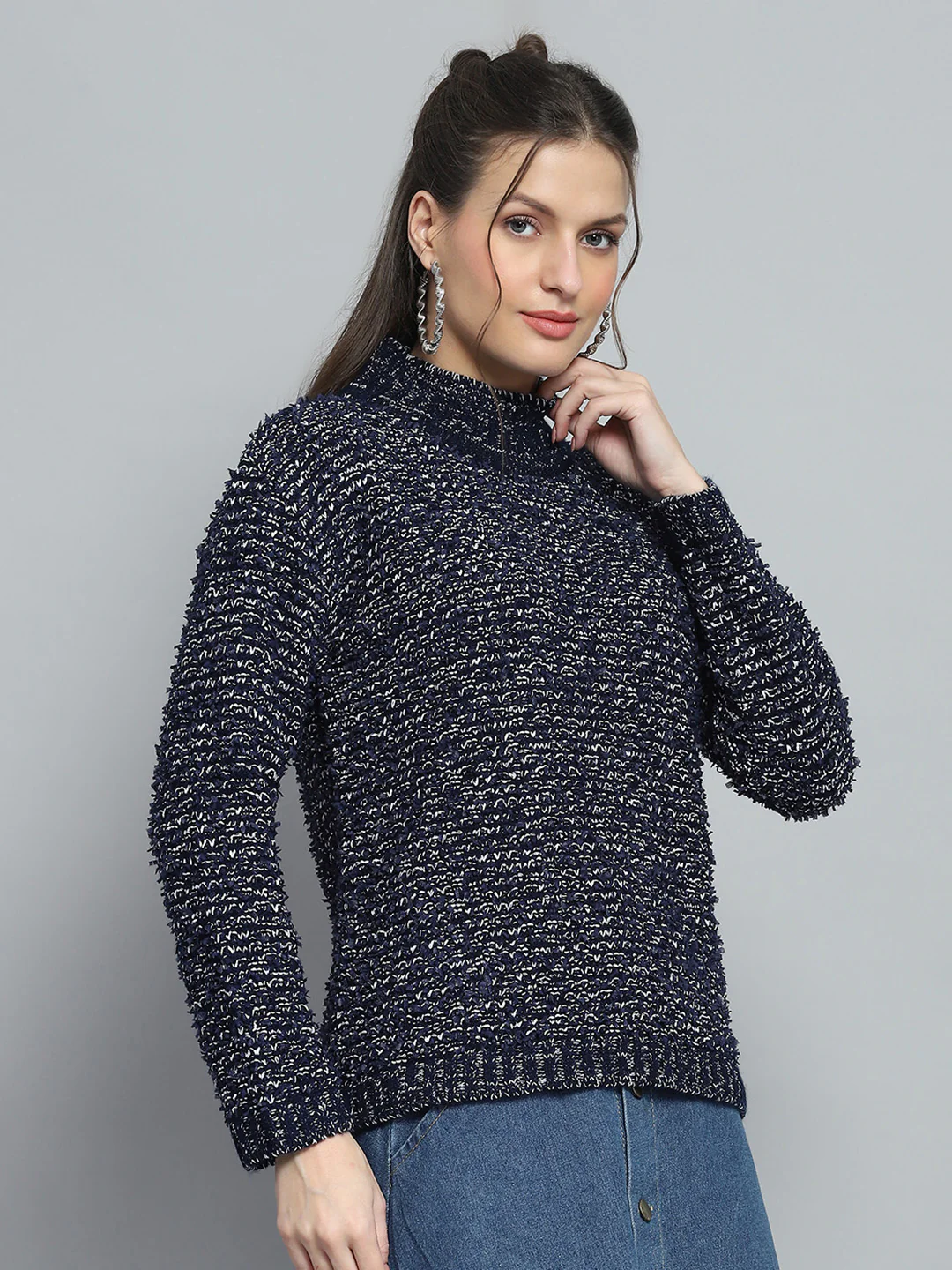 Women Navy Blue Self Design Mock Neck Full Sleeve Winte Top - Image 6