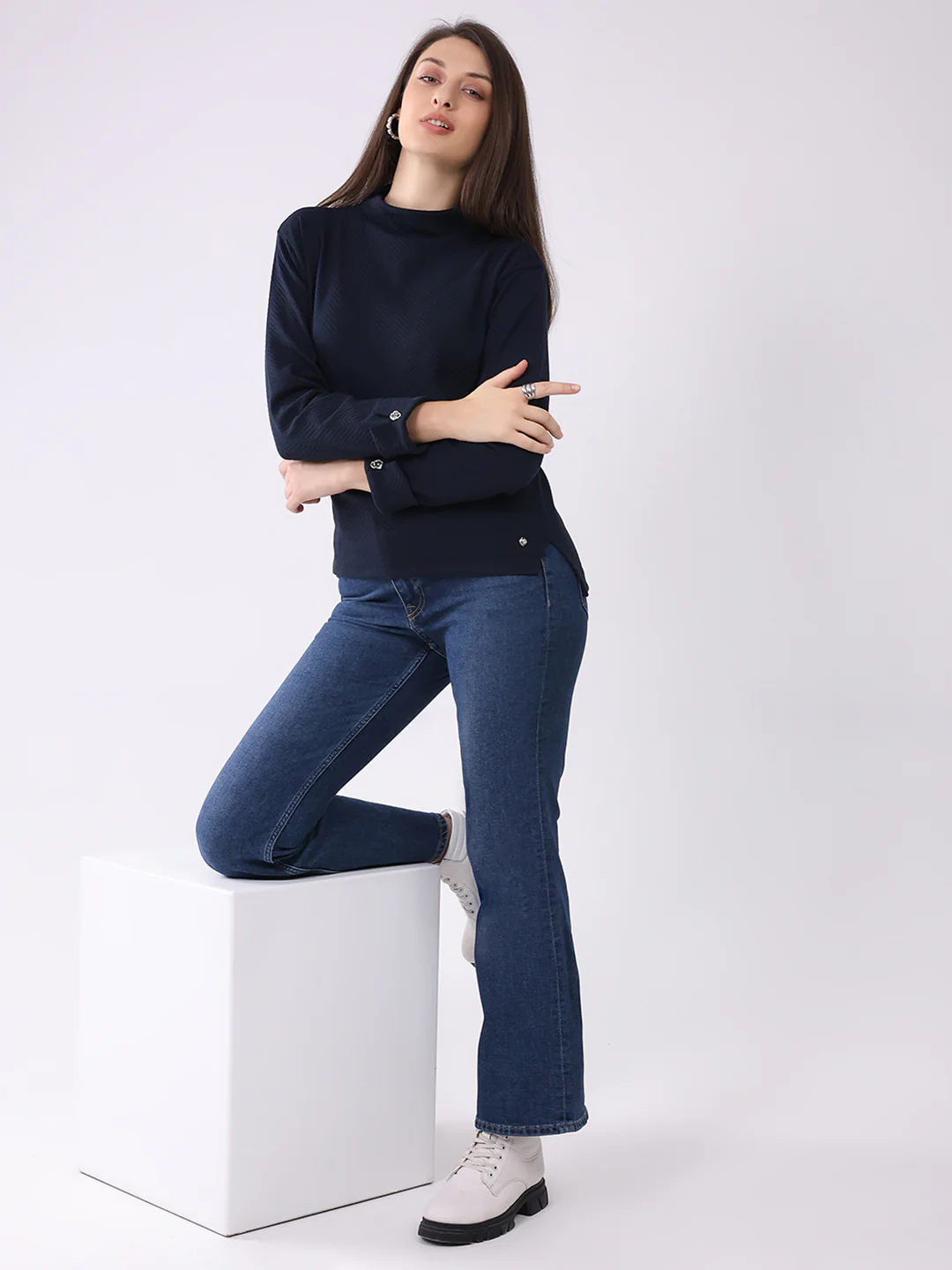 Women Navy Blue Self Design Mock Neck Full Sleeve Winter Top - Image 2