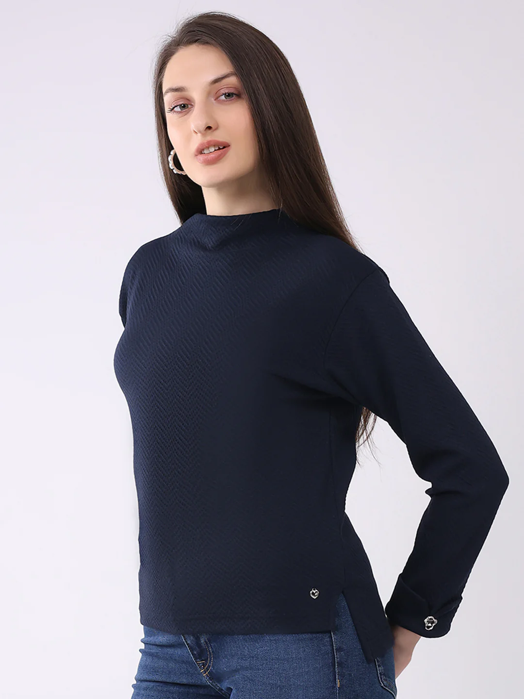 Women Navy Blue Self Design Mock Neck Full Sleeve Winter Top - Image 3