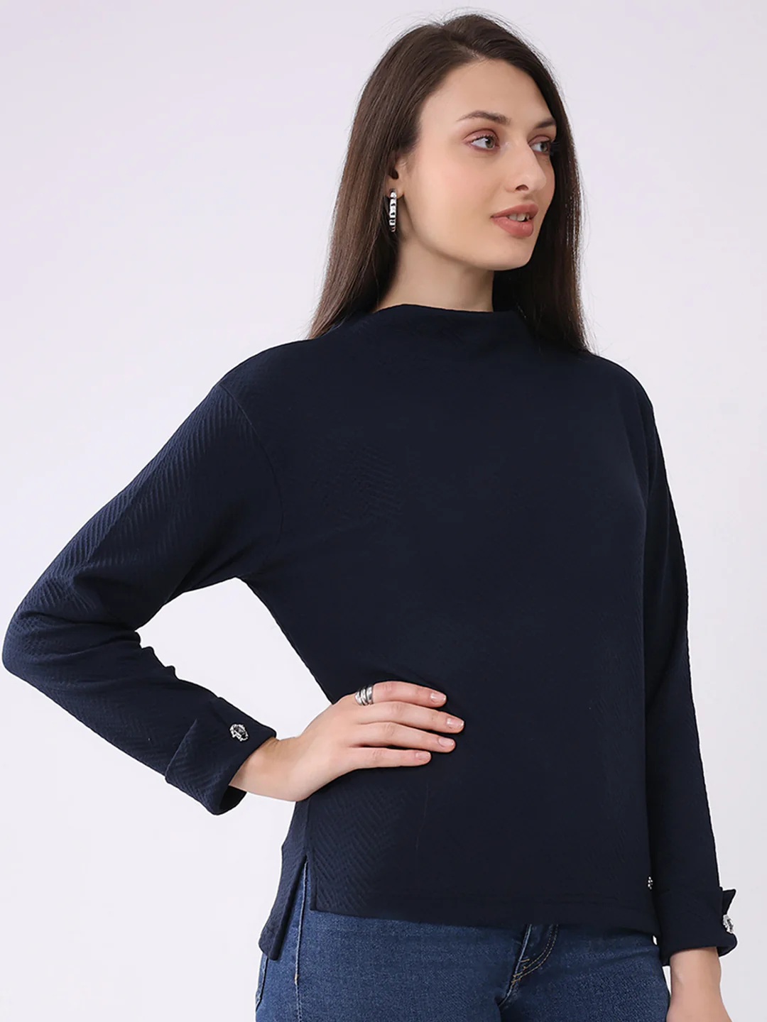 Women Navy Blue Self Design Mock Neck Full Sleeve Winter Top - Image 4