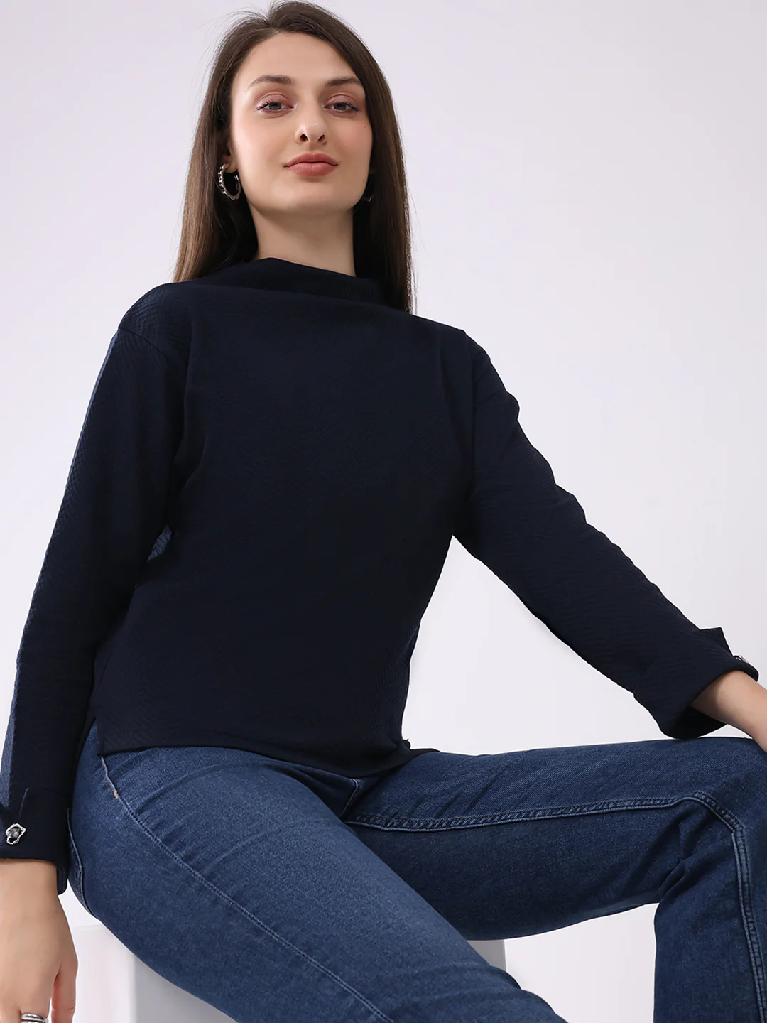 Women Navy Blue Self Design Mock Neck Full Sleeve Winter Top - Image 6