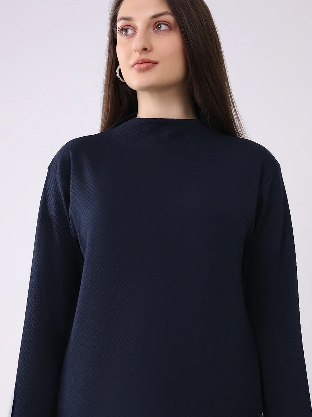 Women Navy Blue Self Design Mock Neck Full Sleeve Winter Top - Image 7