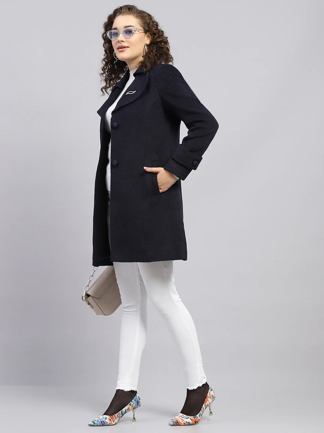 Women Navy Blue Self Design Notch lapel Collar Full Sleeve Coat - Image 2