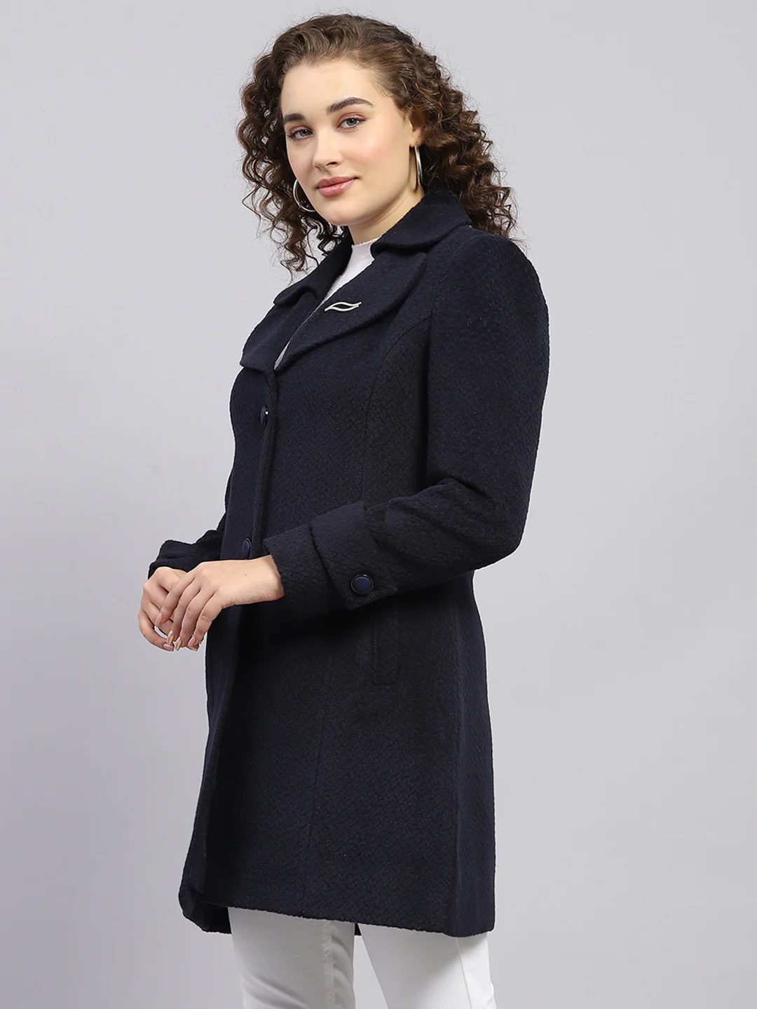 Women Navy Blue Self Design Notch lapel Collar Full Sleeve Coat - Image 3