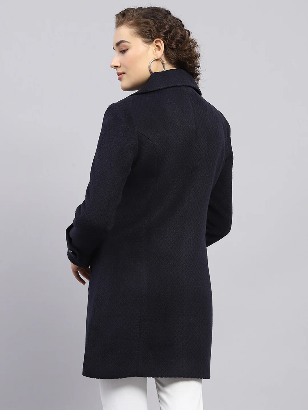 Women Navy Blue Self Design Notch lapel Collar Full Sleeve Coat - Image 5