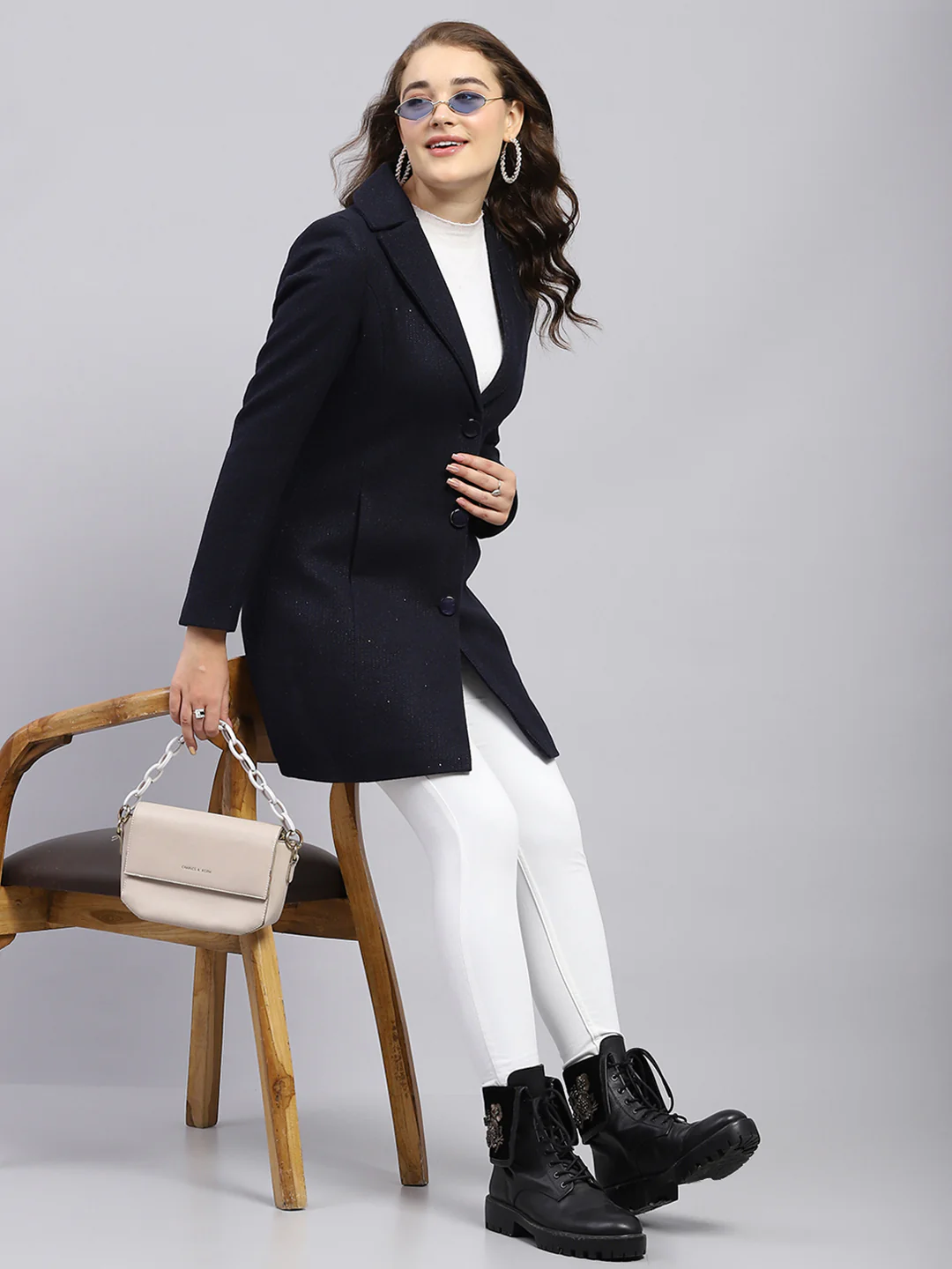 Women Navy Blue Self Design Notch lapel Collar Full Sleeve Coat - Image 2