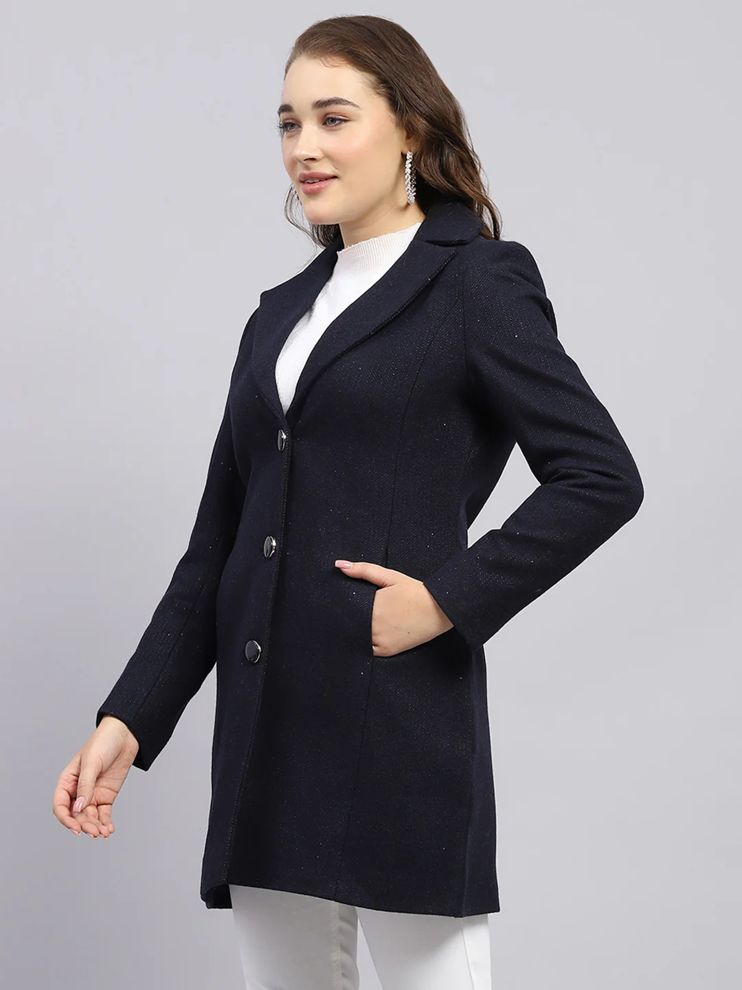 Women Navy Blue Self Design Notch lapel Collar Full Sleeve Coat - Image 3