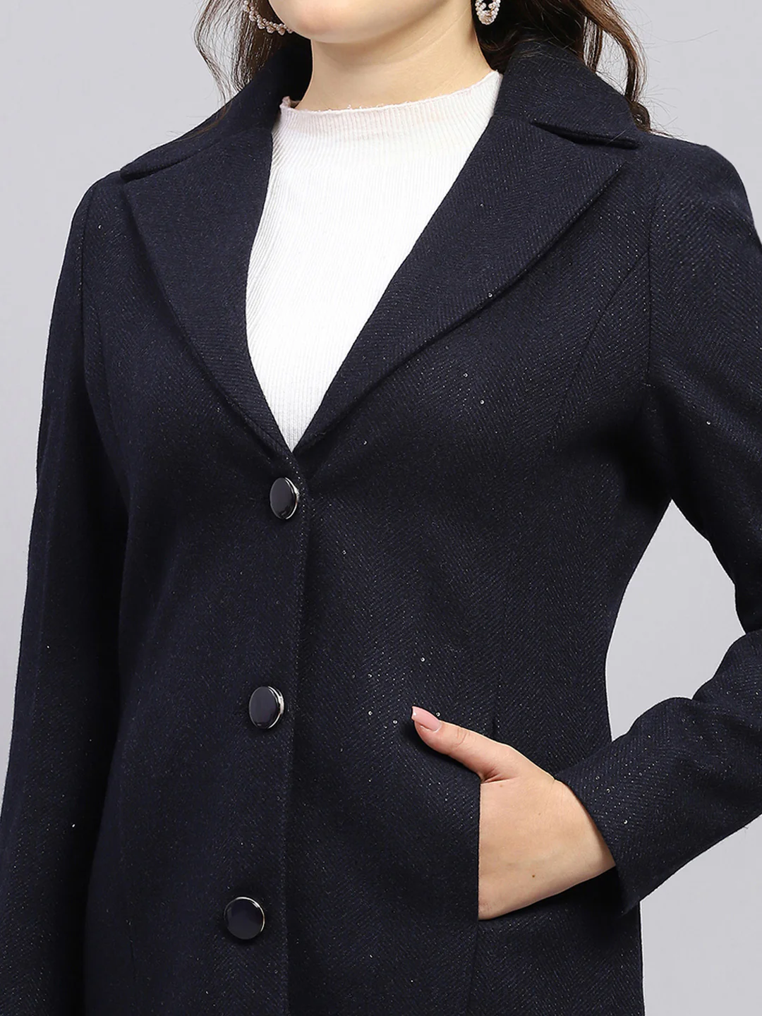 Women Navy Blue Self Design Notch lapel Collar Full Sleeve Coat - Image 7