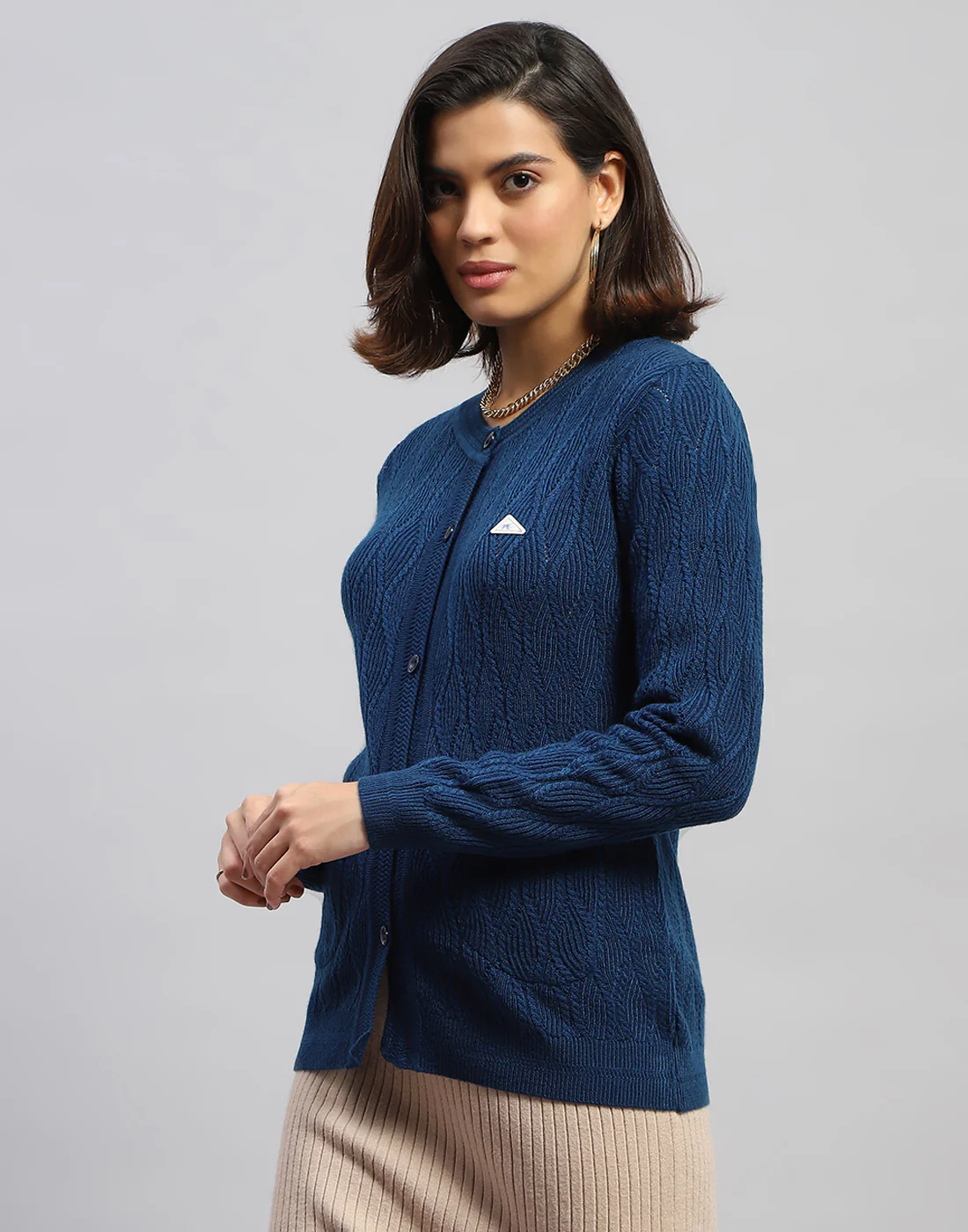 Women Navy Blue Self Design Round Neck Full Sleeve Cardigan - Image 3