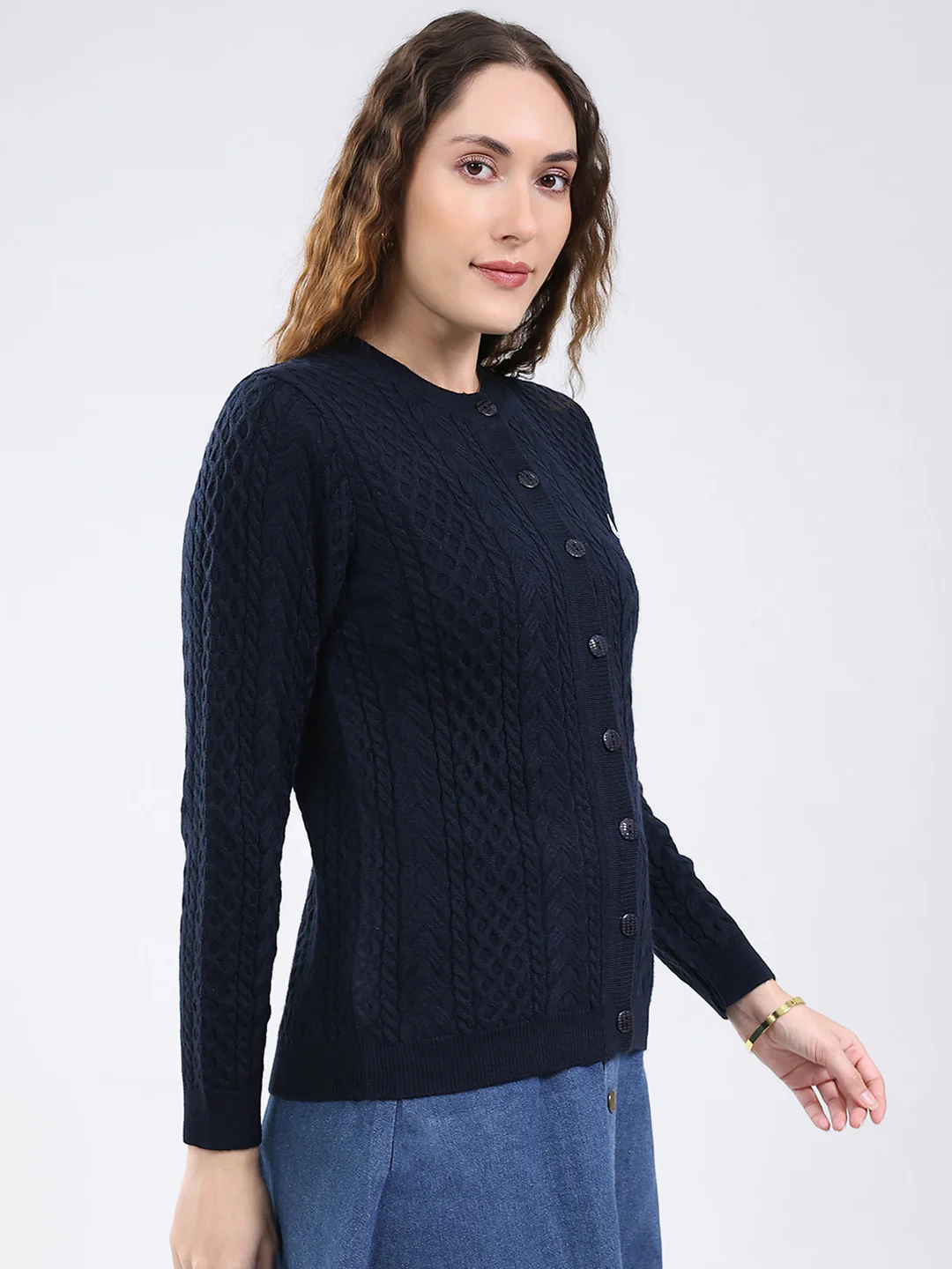 Women Navy Blue Self Design Round Neck Full Sleeve Cardigan - Image 4
