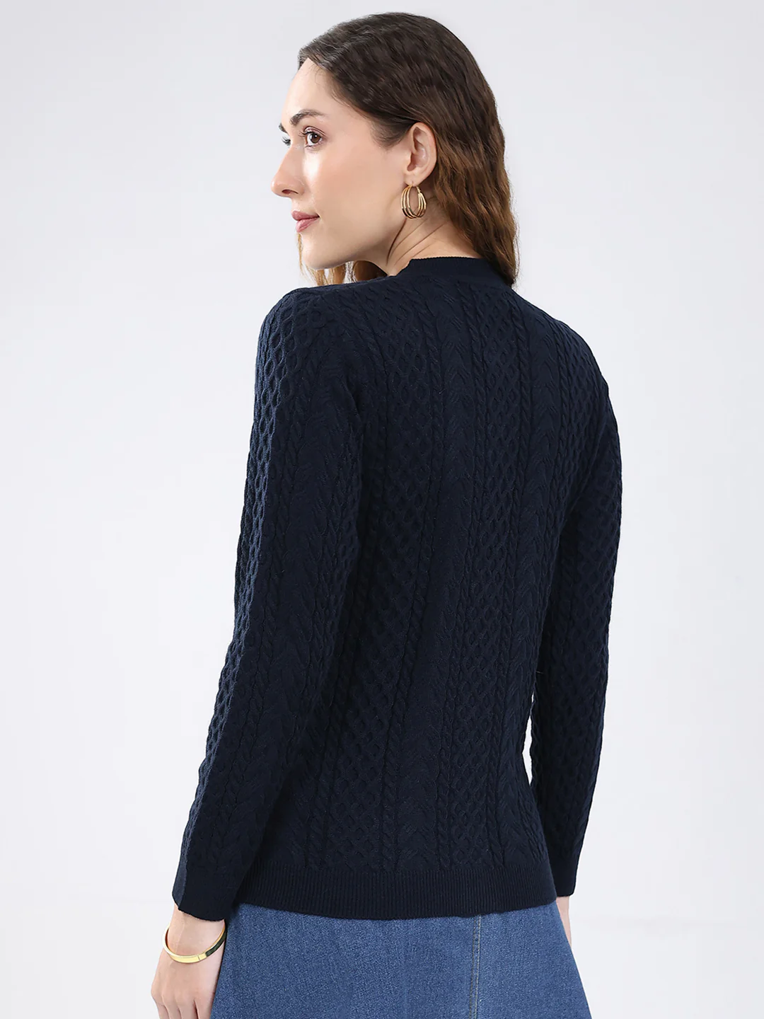 Women Navy Blue Self Design Round Neck Full Sleeve Cardigan - Image 5