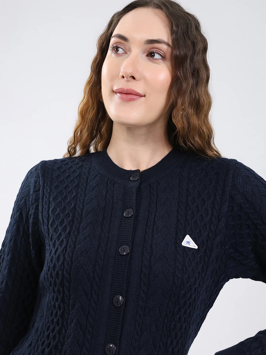 Women Navy Blue Self Design Round Neck Full Sleeve Cardigan - Image 7