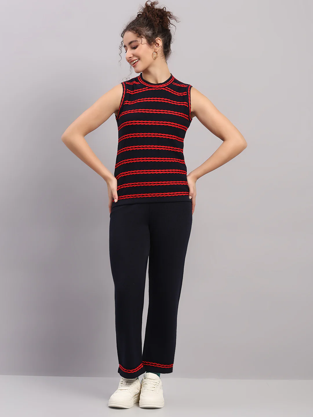 Women Navy Blue Self Design Round Neck Full Sleeve Cords Set - Image 2