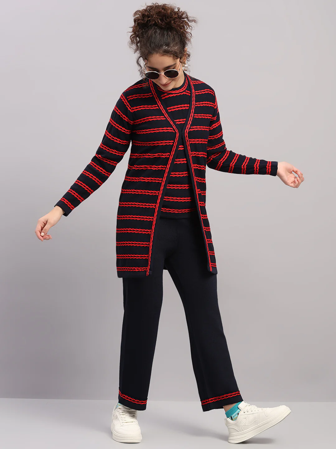 Women Navy Blue Self Design Round Neck Full Sleeve Cords Set - Image 3