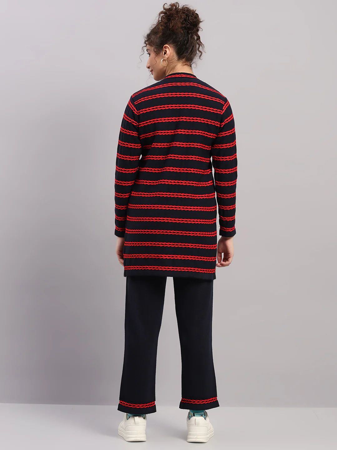 Women Navy Blue Self Design Round Neck Full Sleeve Cords Set - Image 6