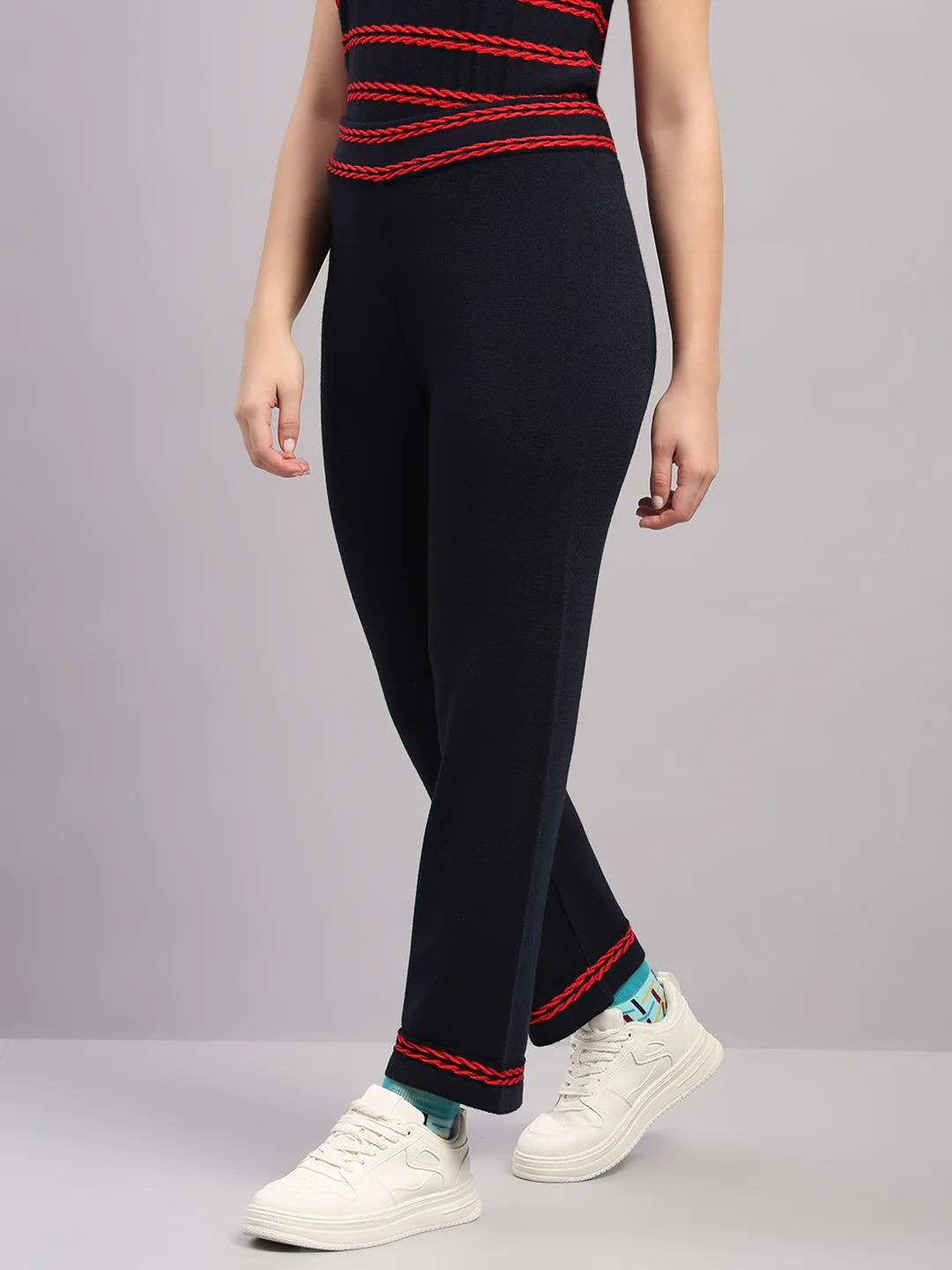 Women Navy Blue Self Design Round Neck Full Sleeve Cords Set - Image 8