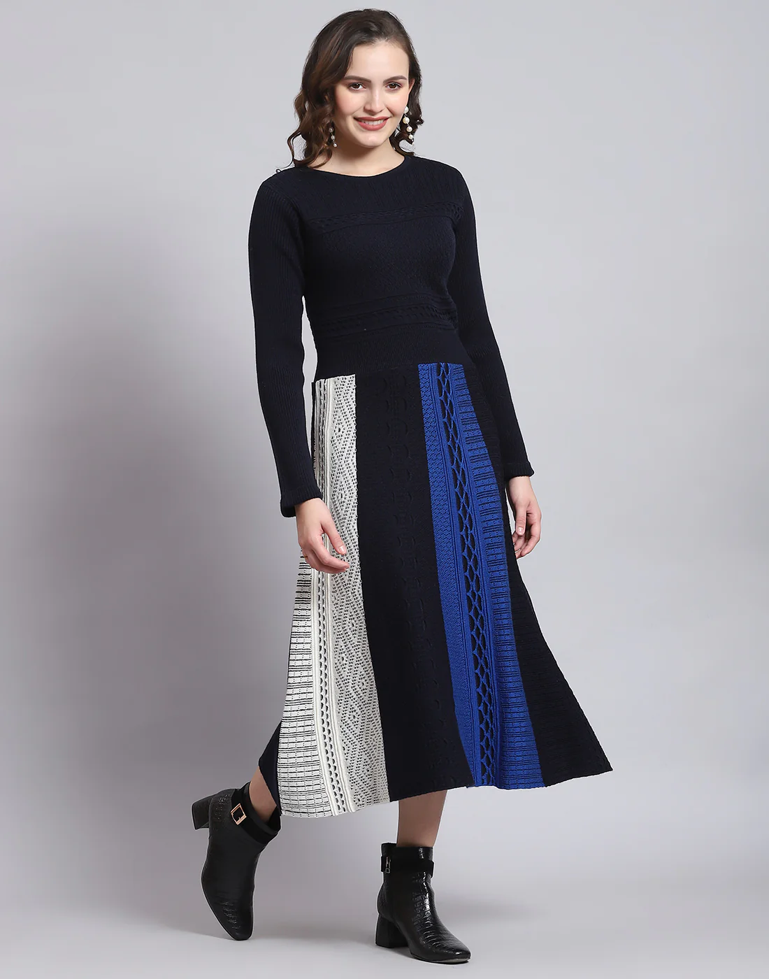 Women Navy Blue Self Design Round Neck Full Sleeve Dress - Image 4
