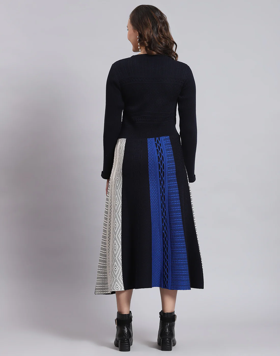 Women Navy Blue Self Design Round Neck Full Sleeve Dress - Image 5