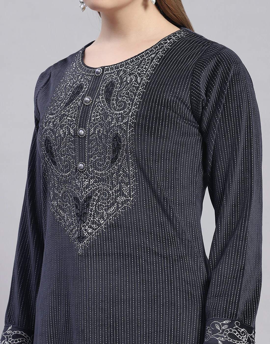 Women Navy Blue Self Design Round Neck Full Sleeve Kurti+Lower Set - Image 6