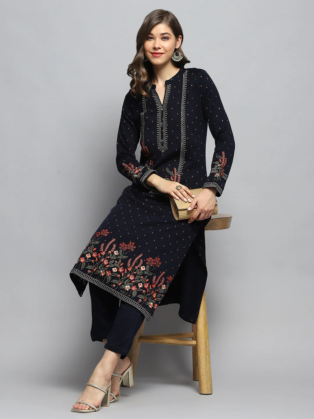 Women Navy Blue Self Design Round Neck Full Sleeve Kurti Set