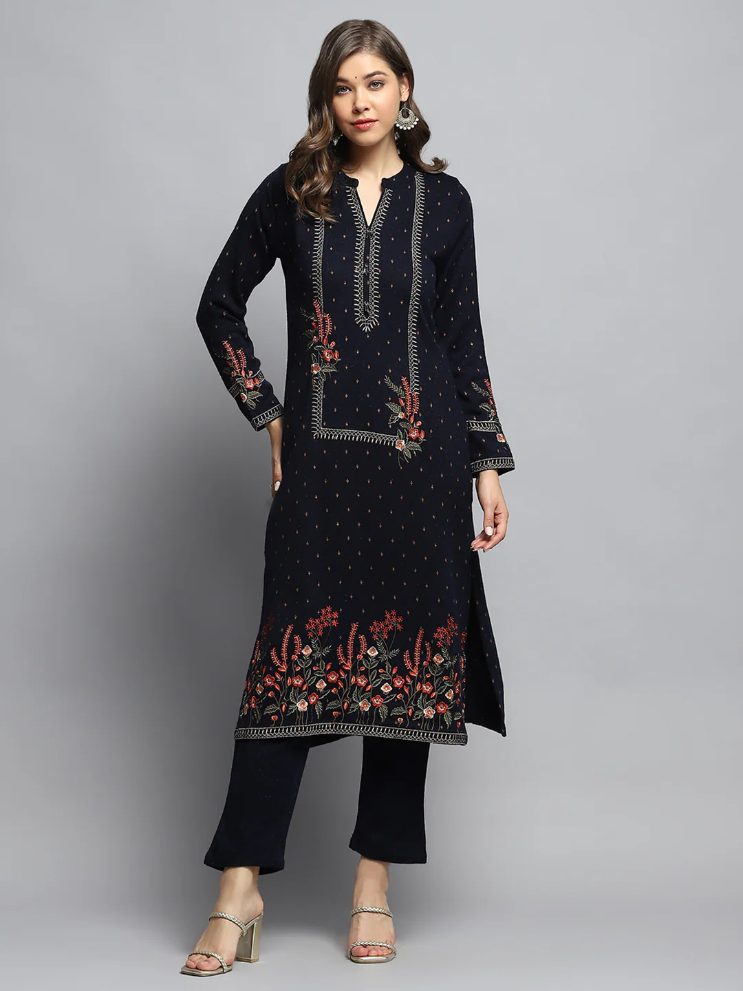 Women Navy Blue Self Design Round Neck Full Sleeve Kurti Set - Image 3