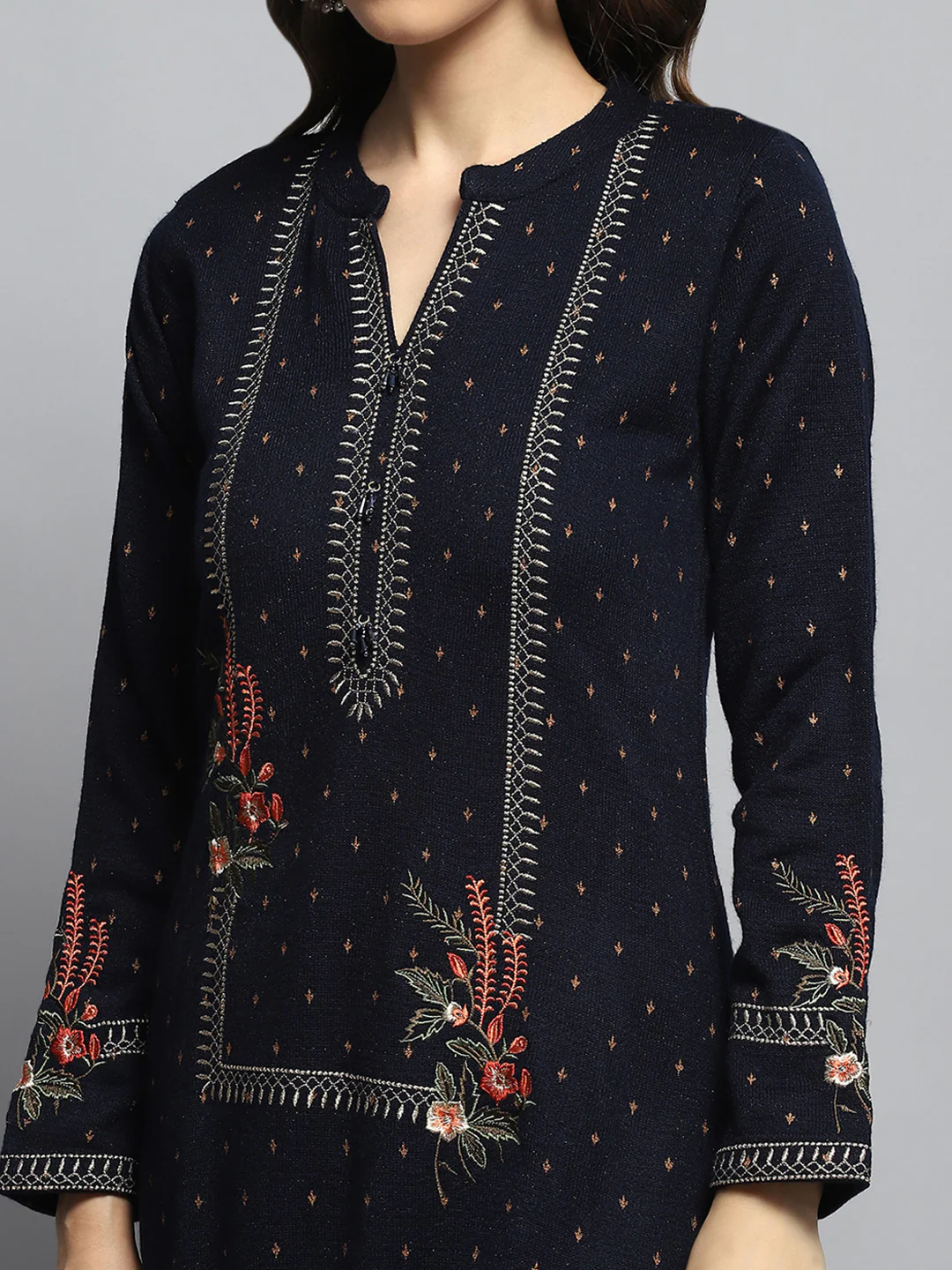 Women Navy Blue Self Design Round Neck Full Sleeve Kurti Set - Image 6
