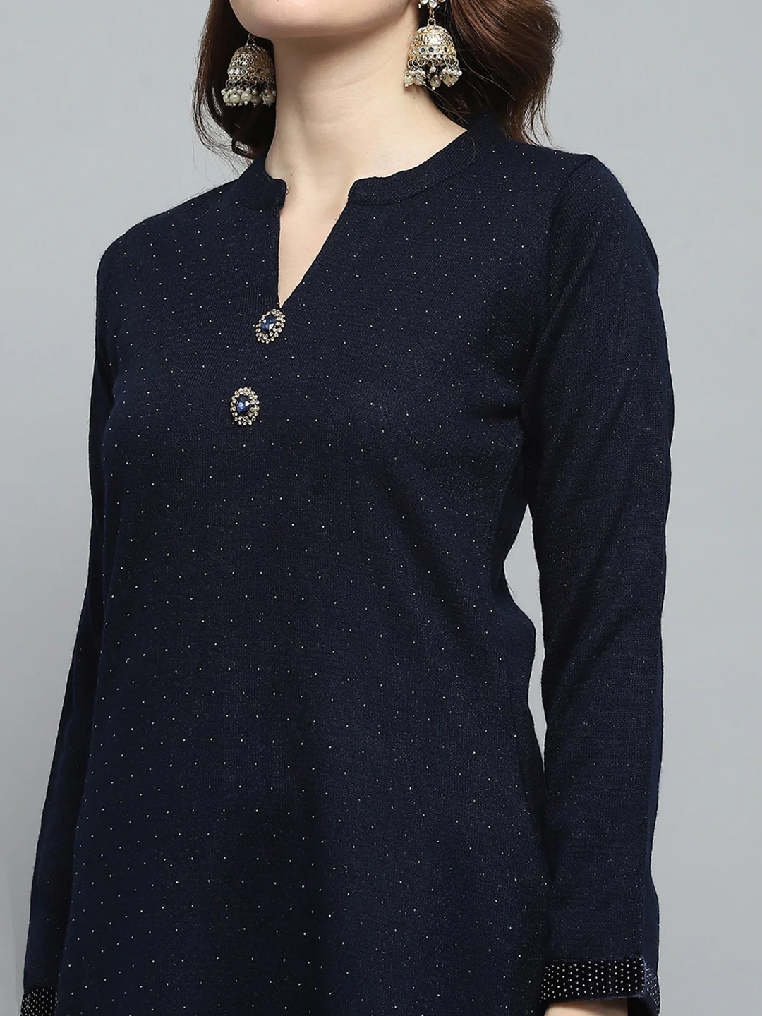 Women Navy Blue Self Design Round Neck Full Sleeve Kurti Set & Stole - Image 6