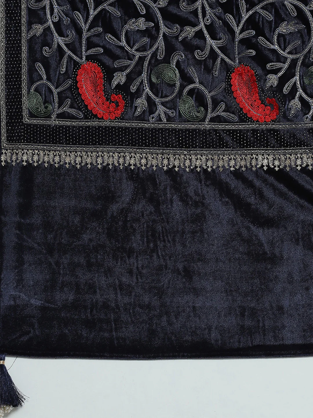 Women Navy Blue Self Design Round Neck Full Sleeve Kurti Set & Stole - Image 9
