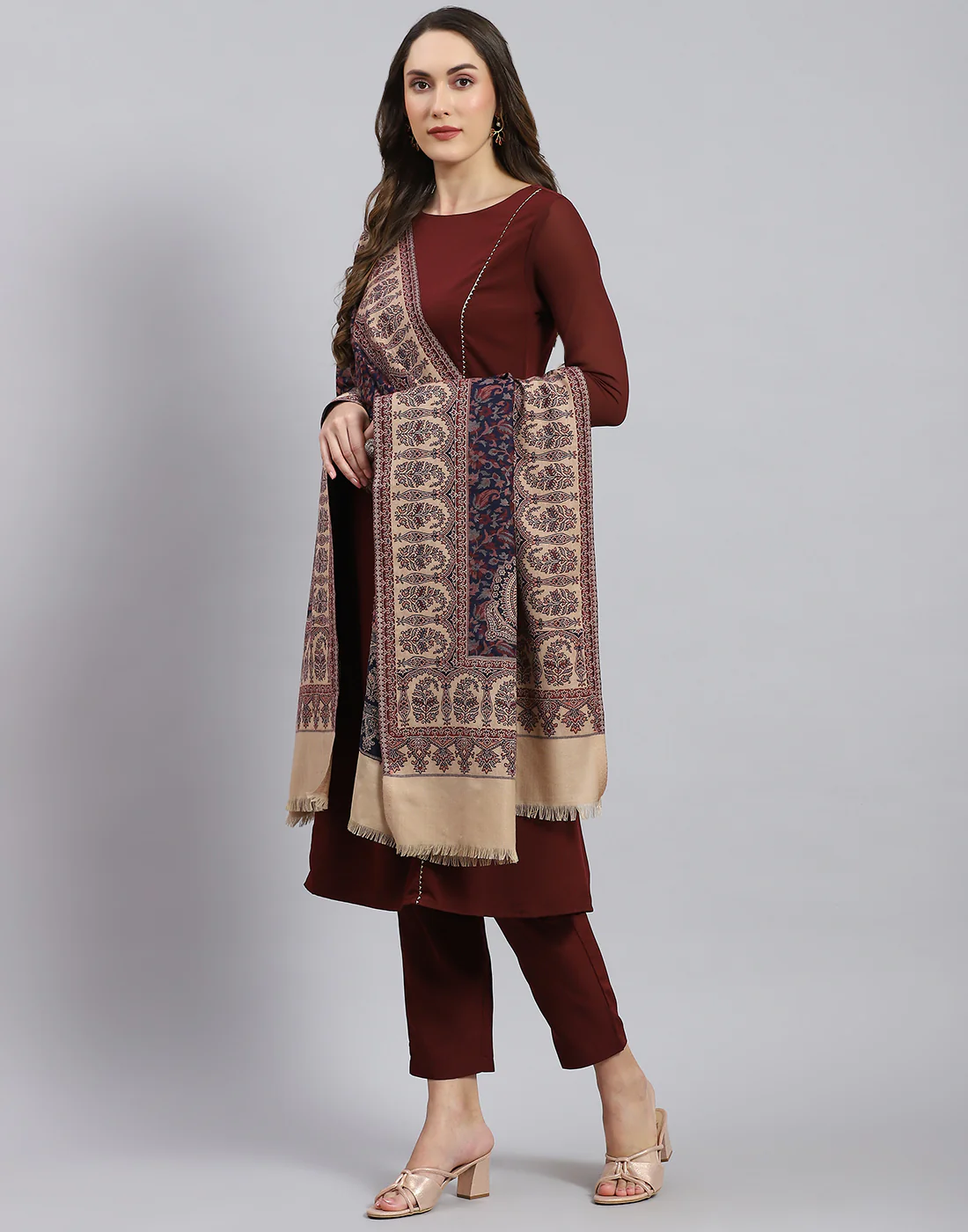 Women Navy Blue Self Design Shawl - Image 3
