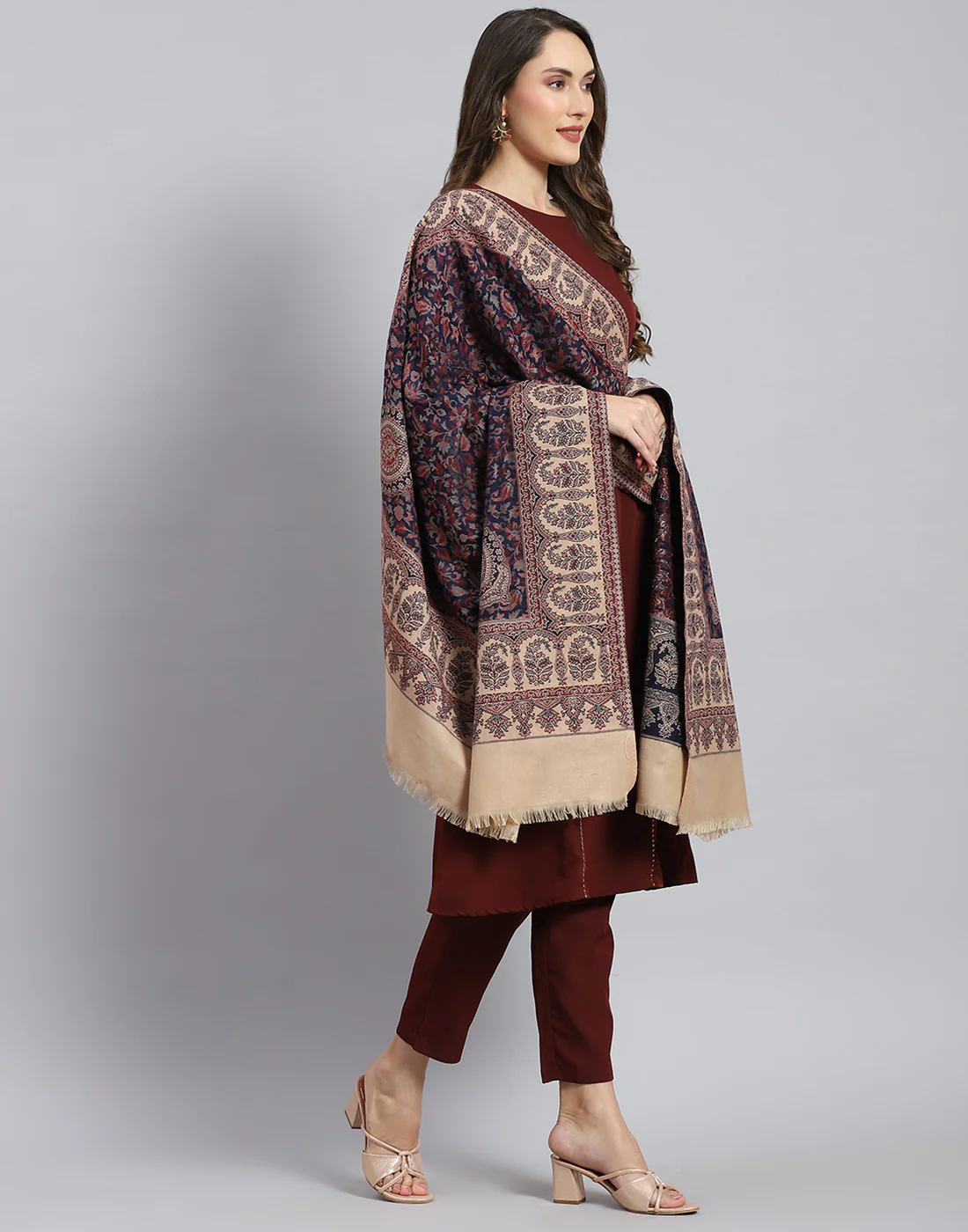 Women Navy Blue Self Design Shawl - Image 4