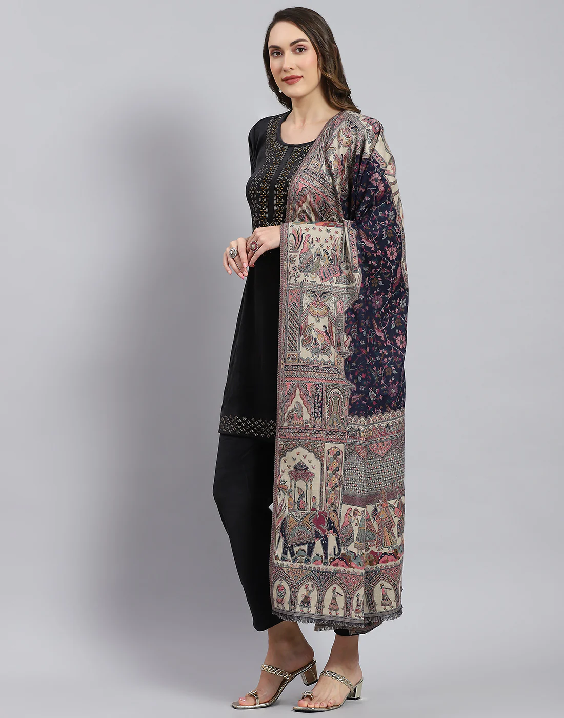 Women Navy Blue Self Design Shawl - Image 3