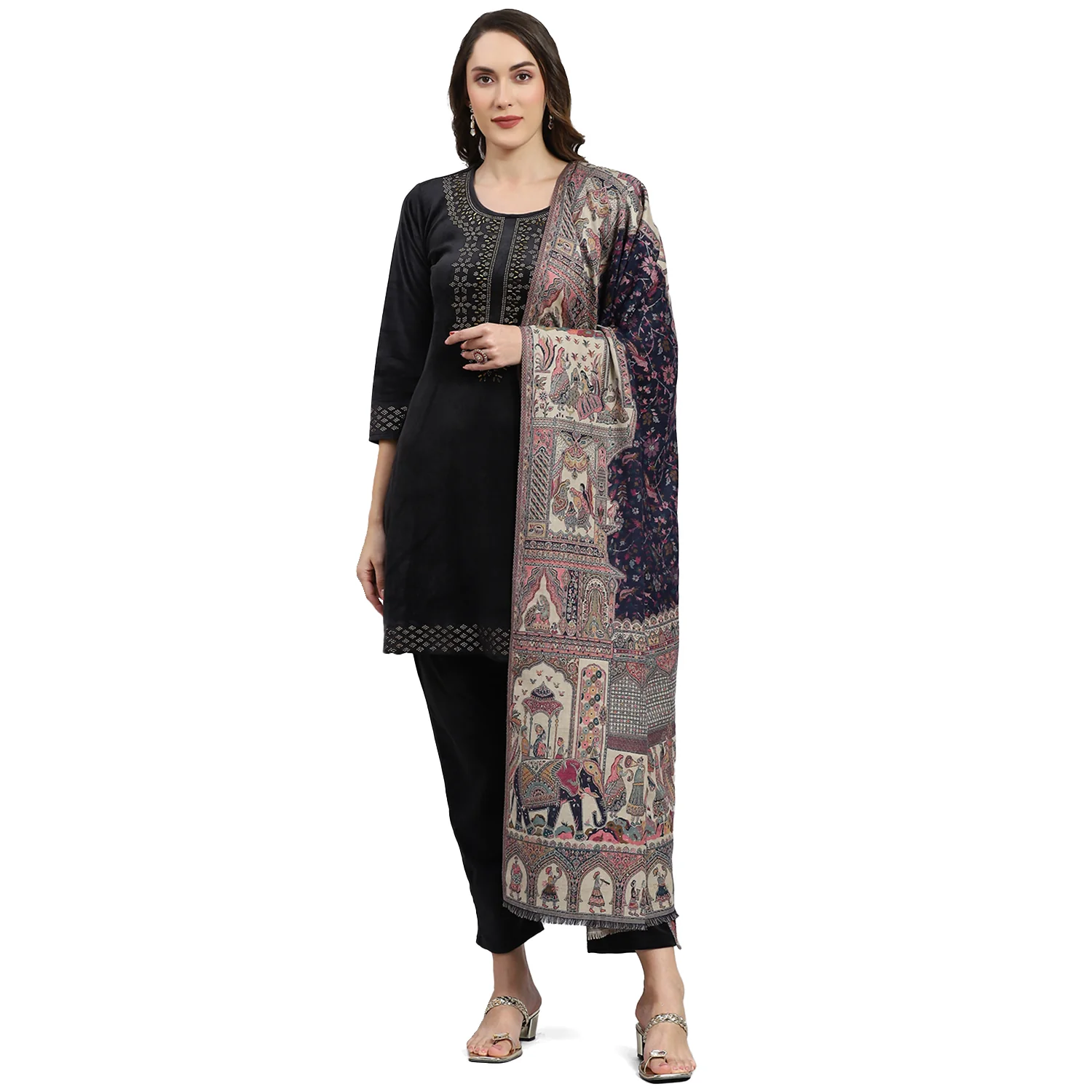 Women Navy Blue Self Design Shawl - Image 5