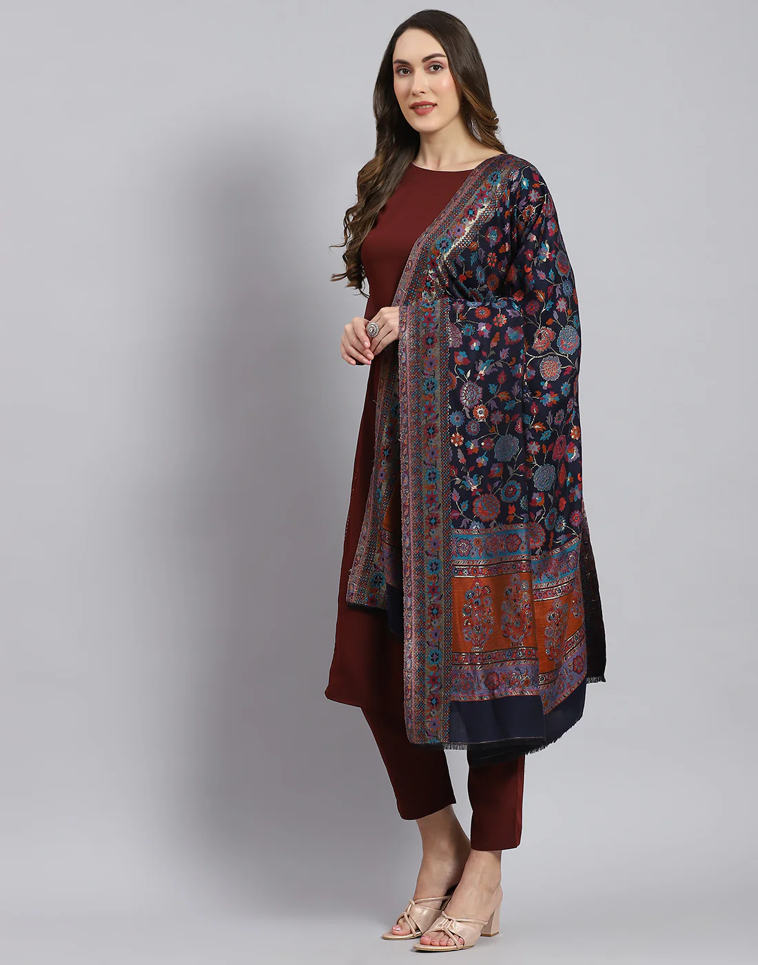 Women Navy Blue Self Design Shawl - Image 4